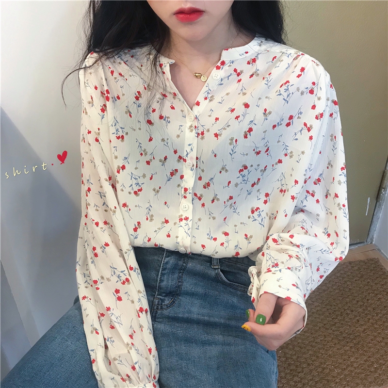 Women  Chiffon Long Sleeve Shirt Small Floral Retro Fresh Gentle Top