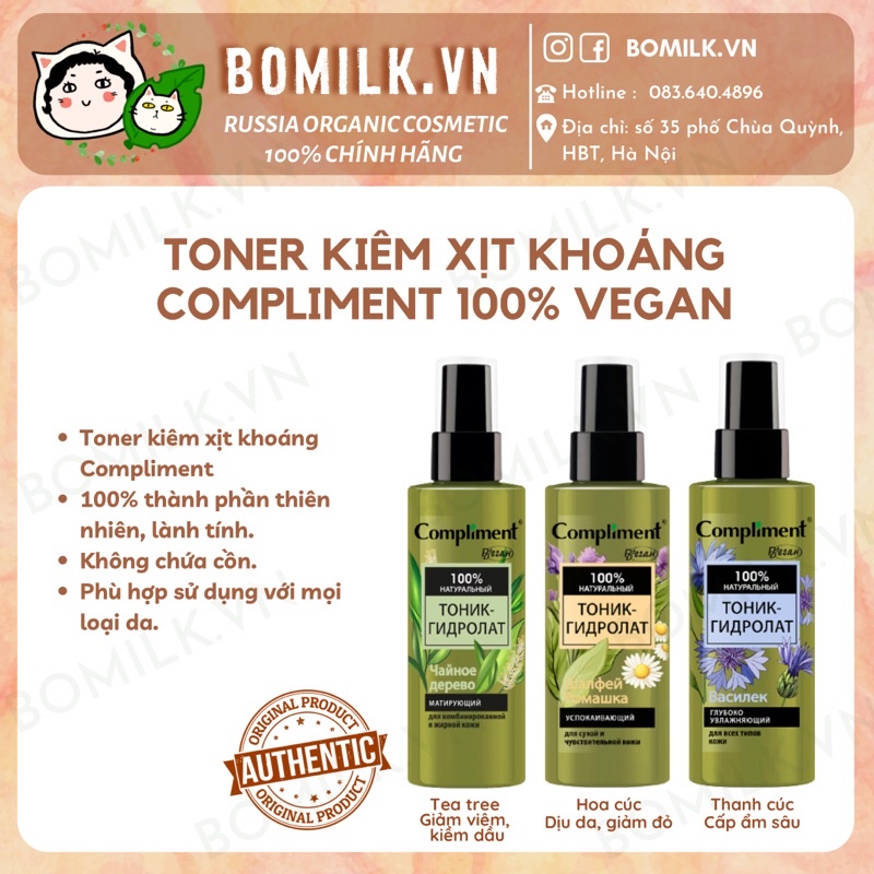 Toner kiêm xịt khoáng dưỡng Compliment Vegan - giảm sưng, dịu da &amp; cấp ẩm