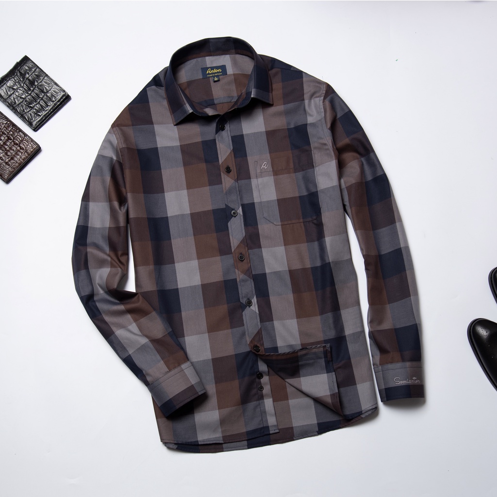 Áo Sơ Mi Nam Công Sở Trung Niên Anton Somianton Màu Nâu Đậm Dài Tay Họa Tiết Kẻ Caro Vải Cotton - YAC128