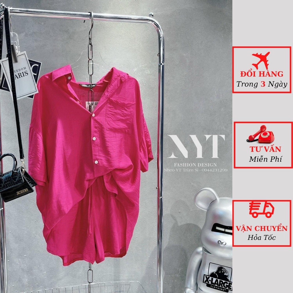 Set áo sơ mi đũi nữ tay ngắn kèm quần short ngắn đi biển du lịch ulzzang Hàn Quốc