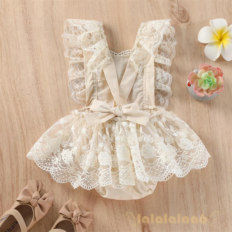 LAA6-Baby Girls Summer Romper, Plain Floral Lace Embroidery Skirt Layered Adjustable Straps Romper