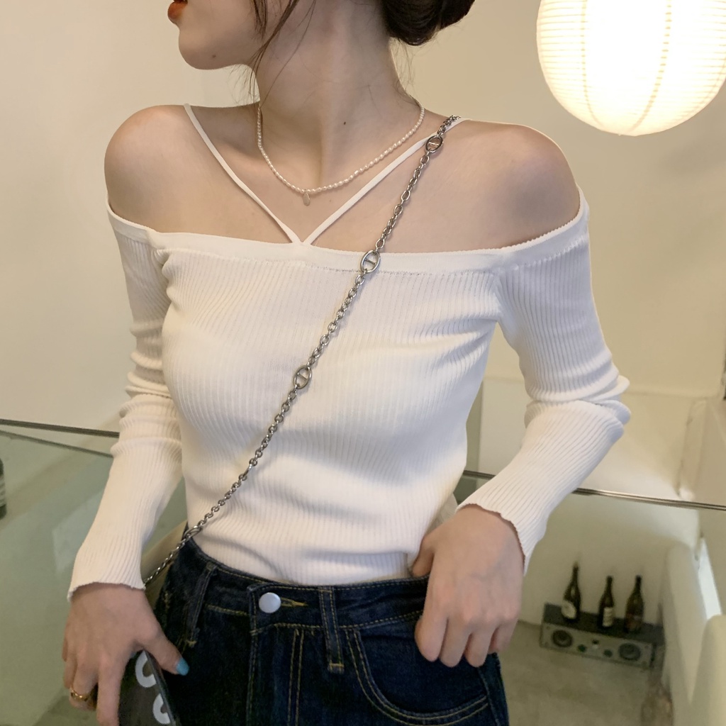 Áo Dệt Kim Nữ Tay Dài Trễ Vai Gợi Cảm Thời Trang