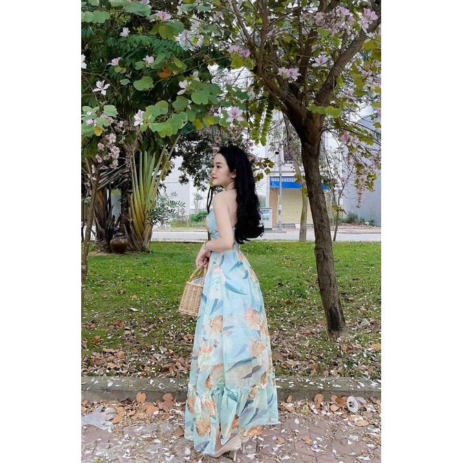 (Ưu Đãi FreeShip)Đầm maxi hoa ,đầm thiết kế cột yếm cổ sau có bo chun,chất lụa 2 lớp có mút,đi biển sang chảnh luôn ạ