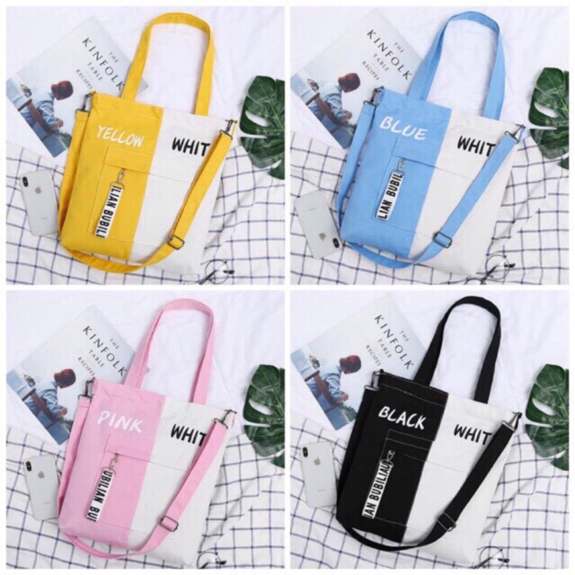 TÚI TOTE PHỐI MÀU chữ White Blue Black Yelow Pink thời trang mang hai kiểu mẫu mới hot style kitishop