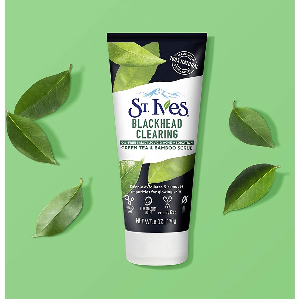 Sữa Rửa Mặt Trà Xanh Tẩy Da Chết, Sạch Mụn Đầu Đen ST.Ives Blackhead Clearing Green Tea &amp; Bamboo Scrub 170g