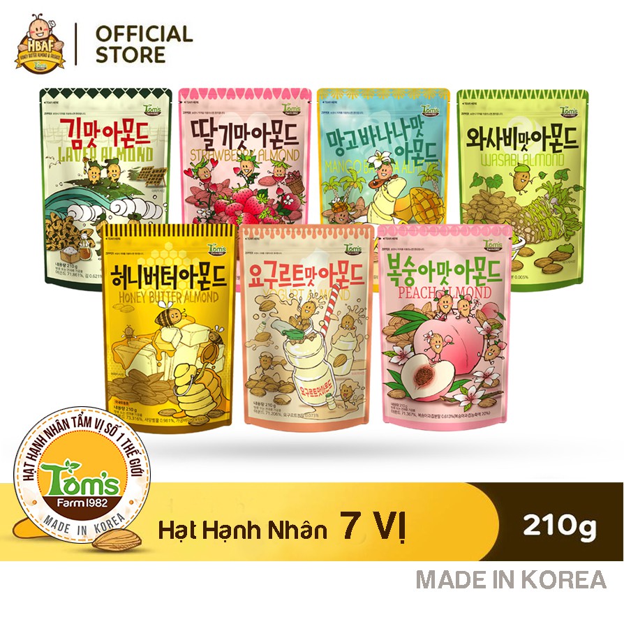 7 Vị Hạnh Nhân Tẩm Hương Vị Tom's Farm Hàn Quốc- Gói 210g
