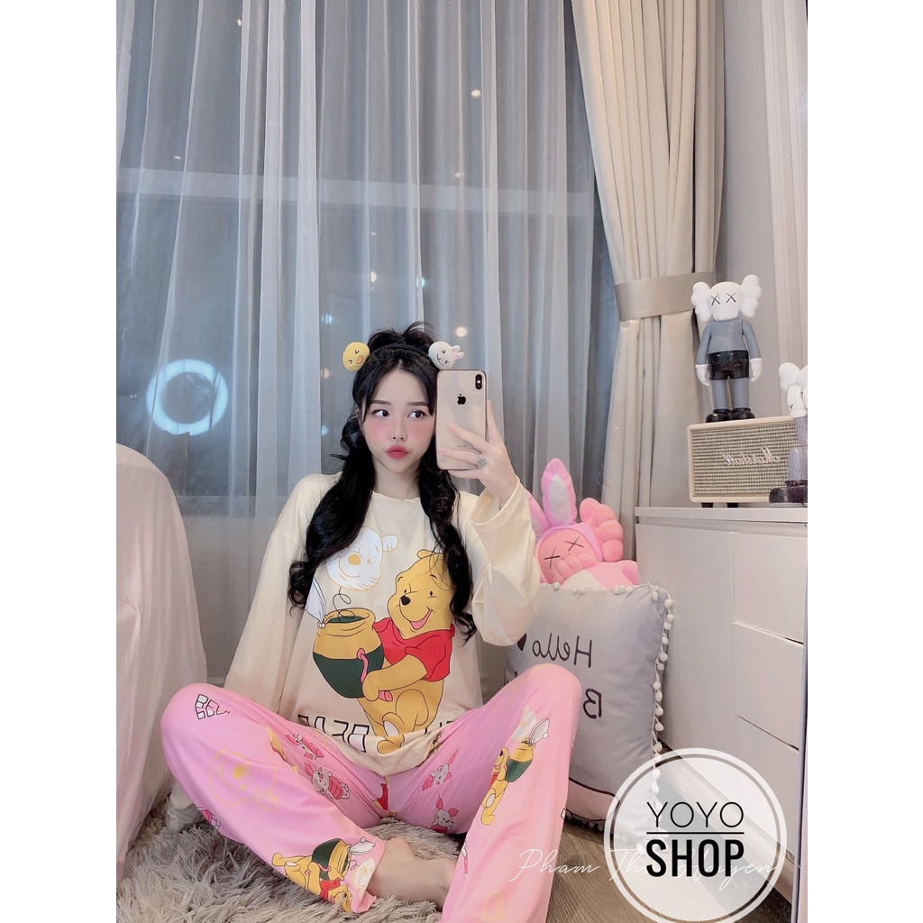 Đồ bộ thun tay dài Quảng Châu, pijama quần dài, đồ mặc ở nhà họa tiết hoạt hình dễ thương thun mềm mịn YoYo | BigBuy360 - bigbuy360.vn