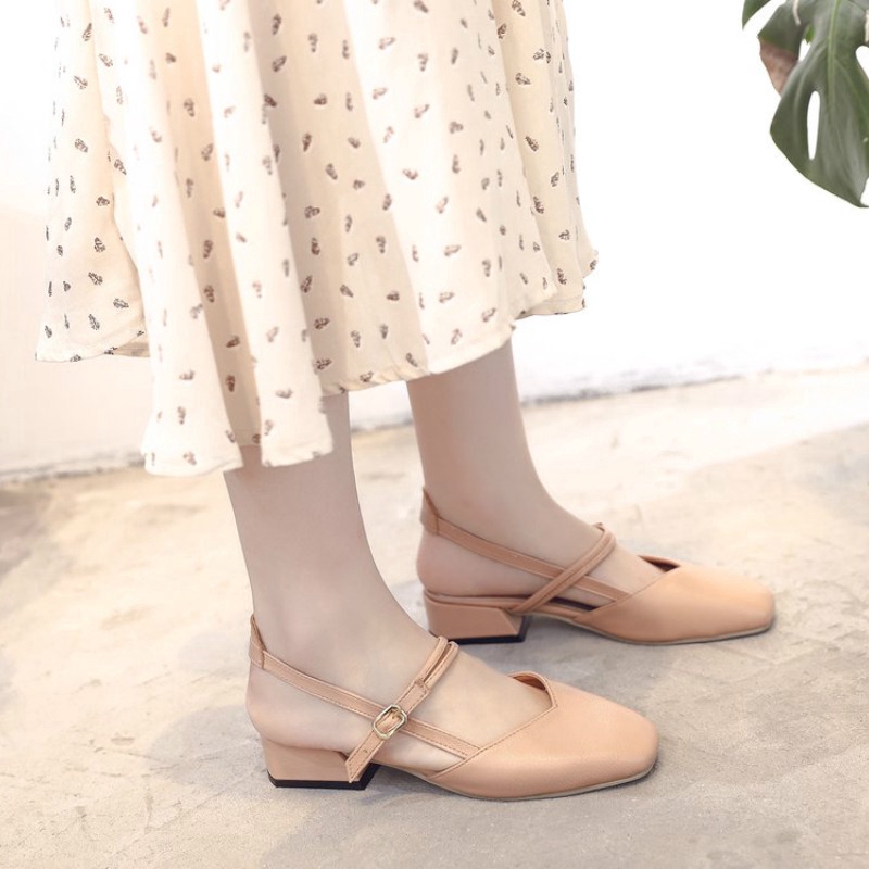 Giày sandal IELGY bít mũi mũi vuông che nửa chân màu trơn phong cách Hàn Quốc cho nữ