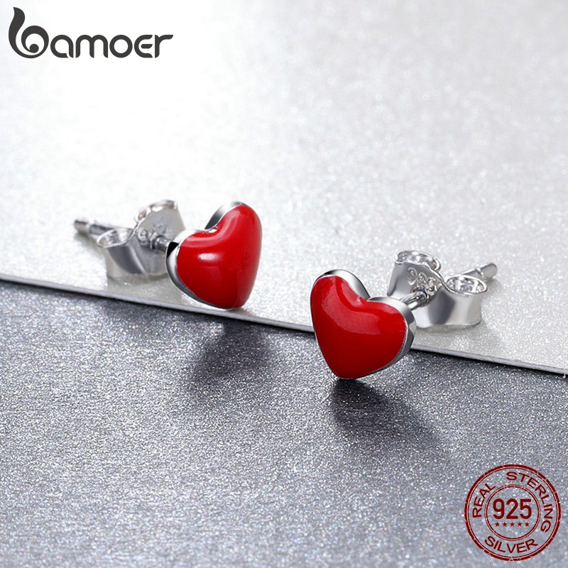 BAMOER Bông Tai bạc 925 HìNh TráI Tim MàU Đỏ ThờI Trang