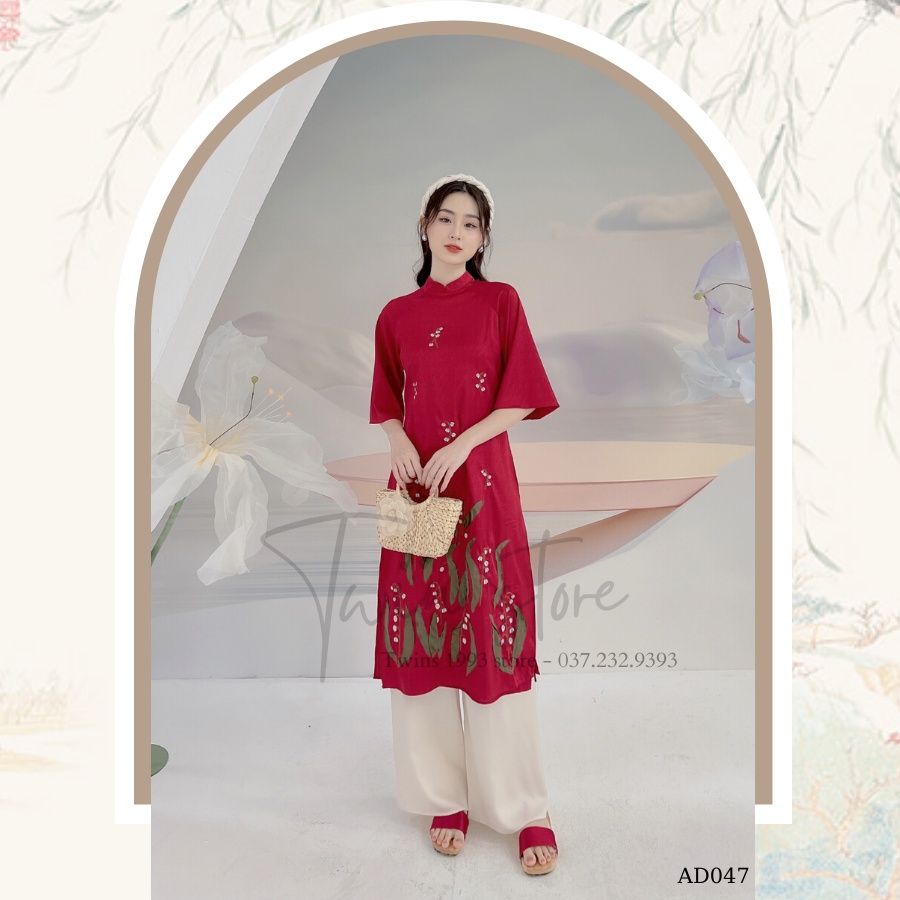 Áo dài cách tân KÈM QUẦN dáng suông TWINS STORE chất lụa vân gỗ thêu hoa, đính lá vải - AD047