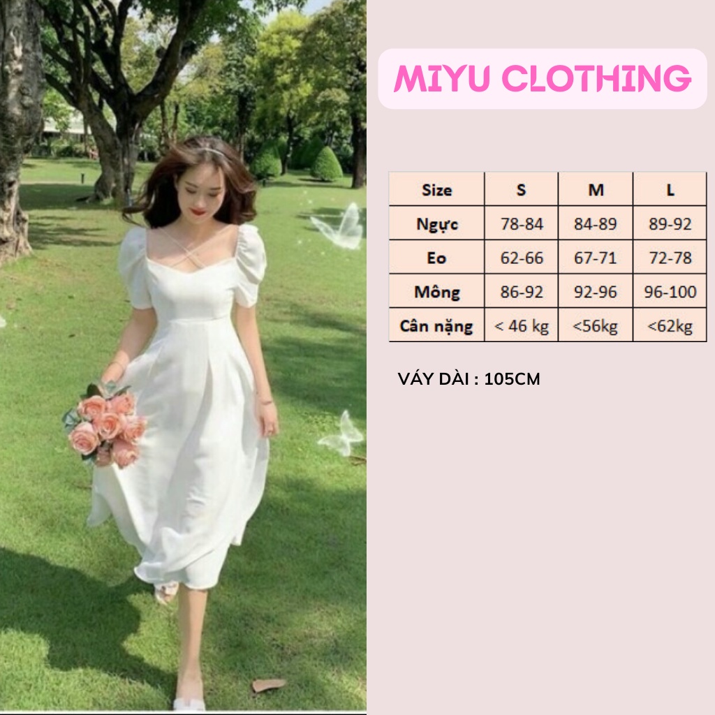 Áo đầm đẹp tay bồng dây váy trắng váy nữ xòe chéo ngực quyến rũ  xinh xắn chất liệu cotton MIYUCLOTHING