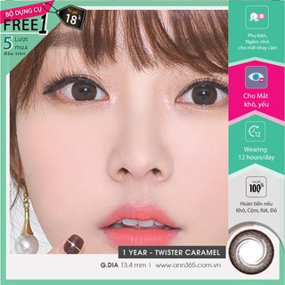 Lens ann365 1 năm màu nâu đậm dành cho mắt khô, yếu - Twister Caramel (0 - 10 độ), kính áp tròng cho mắt nhạy cảm