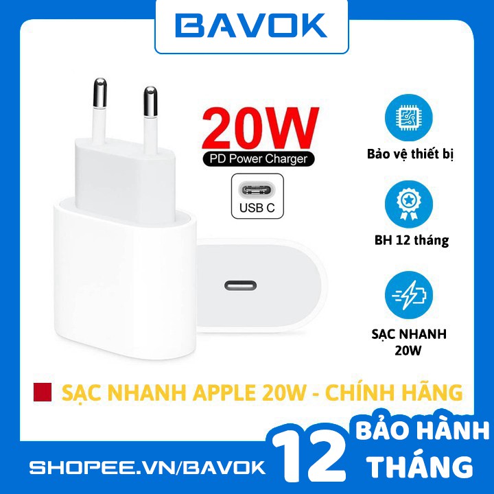 Sạc nhanh apple 20W USB-C Power Adapter - HÀNG CHÍNH HÃNG BH 12 THÁNG - bavok