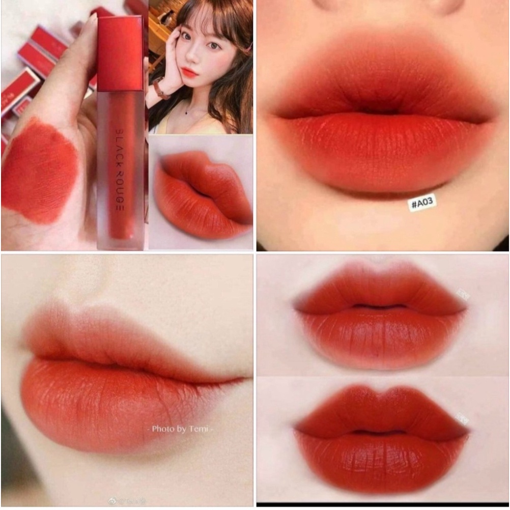 Son kem lì Black Rouge A03 đỏ cam, chất son mềm, mịn,  bền màu lâu, không gây cảm giác nứt nẻ khô môi, Acosmetics 37.6g