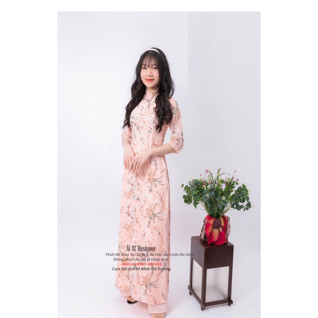 Áo Dài Nữ Truyền Thống 4 Tà Hoa Nhí Tay Lỡ Cổ Cao AH20