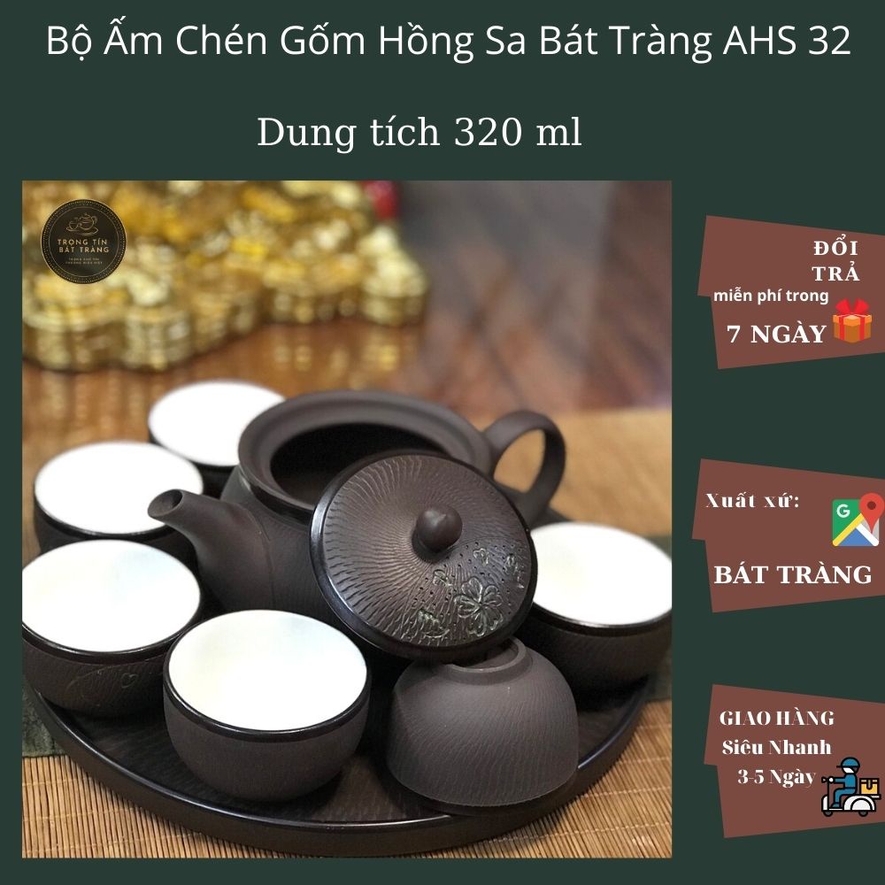 Bộ Ấm Chén Trà Đạo Gốm Tử Sa Bát Tràng Vẽ Vàng Cỏ 3 Lá Dáng Thủy Bình Dung Tích 320ml (Bộ Ấm Chén) AHS 32