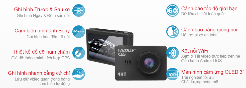 VIETMAP C65 - Camera Hành Trình Cảm Ứng Ghi Hình Trước Sau + Cảnh báo bằng giọng nói + Wifi + TẶNG Thẻ nhớ 32GB | BigBuy360 - bigbuy360.vn
