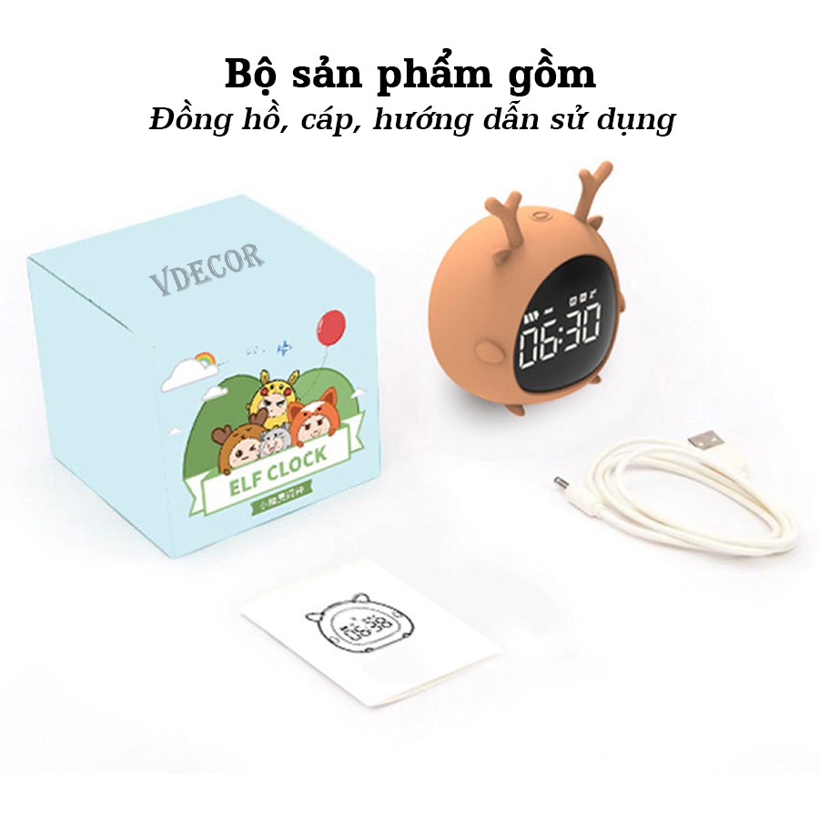 Đồng hồ báo thức Vdecor để bàn siêu dễ thương- Báo Thức Thức Mini USB Màn Hình LED HD, Quà Tặng