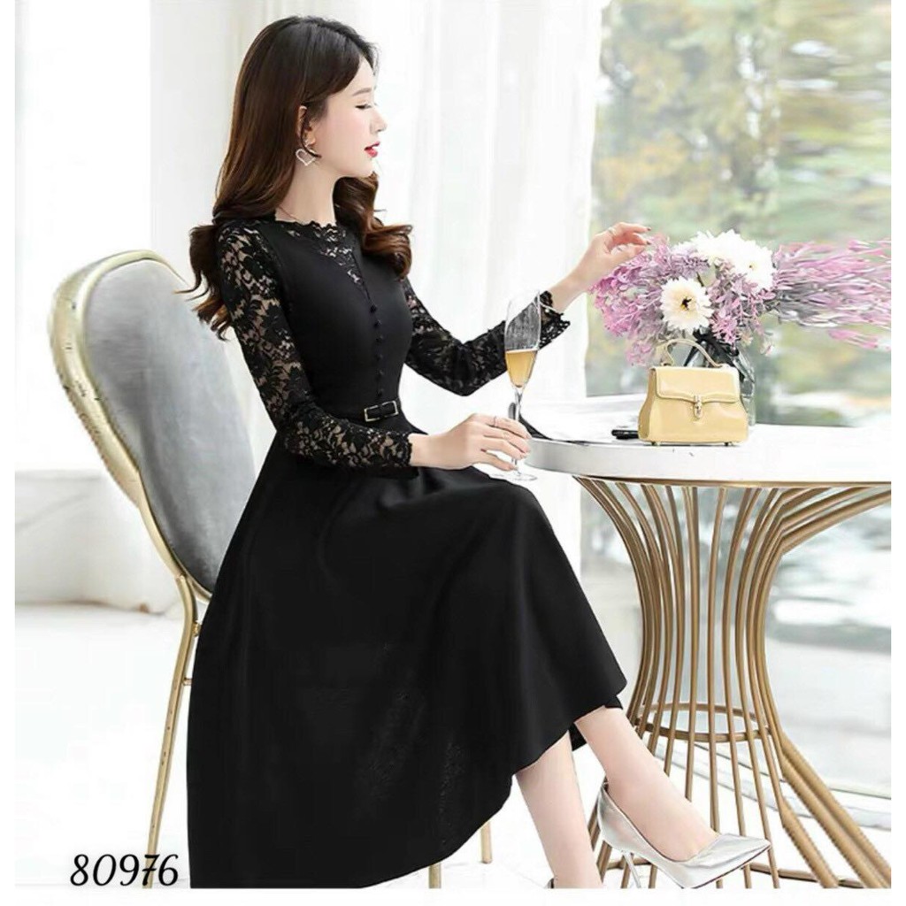 ĐẦM CÔNG SỞ PHỐI TAY REN DÀI TAY KÈM THẮT LƯNG  SANG TRỌNG-D09