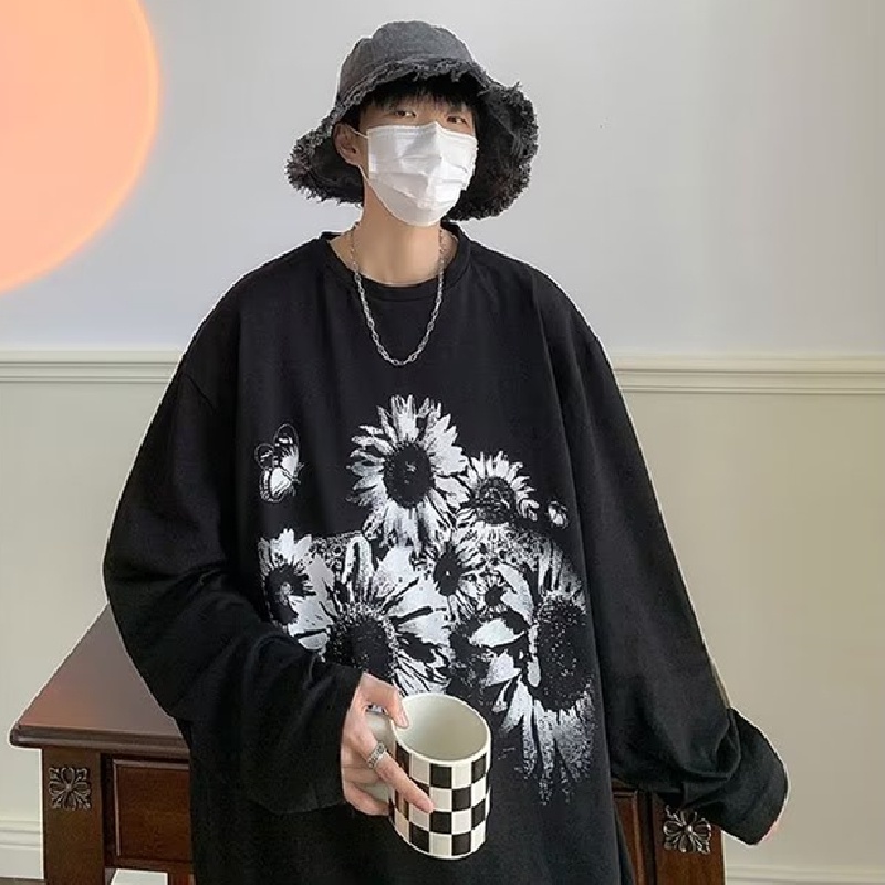 Áo Thun Tay Dài Dáng Rộng In Họa Tiết Hoa Phong Cách Hàn Quốc Thời Trang Cho Nam Và Nữ size M-5XL