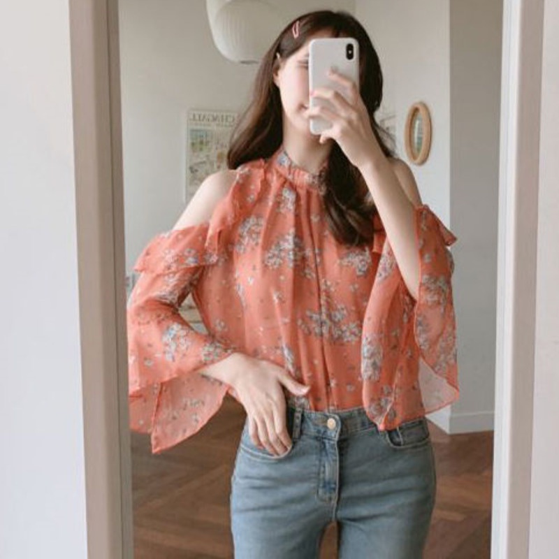 Áo Sơ Mi Trễ Vai In Hoa Xinh Xắn Cho Nữ 165684 Áo Sơ Mi Nữ Tay Dài Loe Họa Tiết Hoa Thời Trang