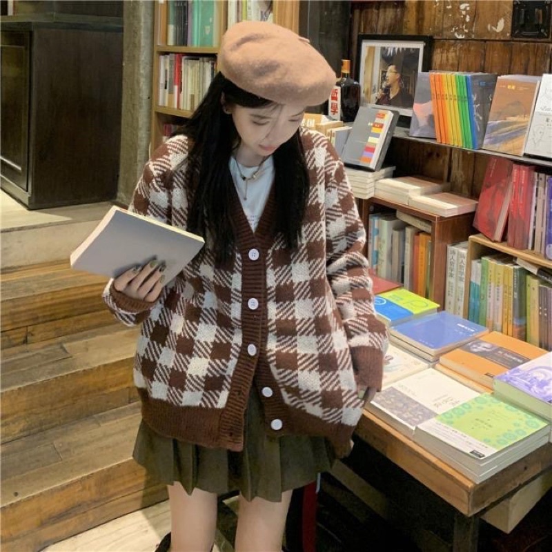 Áo Cadigan nữ Vintage kẻ vuông phong cách hàn quốc - CLG06