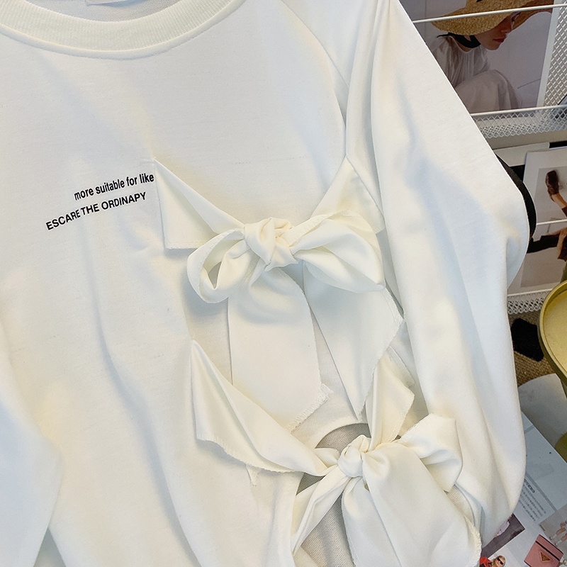 Áo thun ZHELIHANGFEI dài tay thắt nơ xẻ tà xinh xắn cho nữ