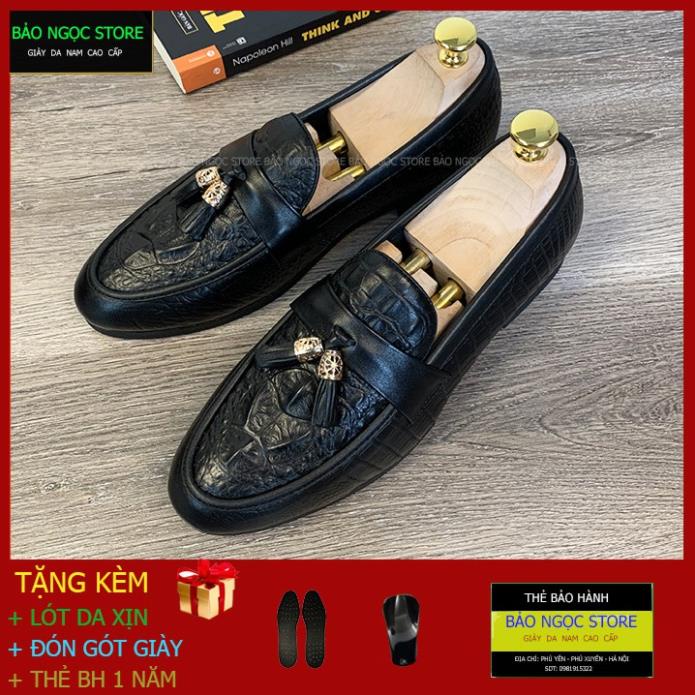 ĐẾ KHÂU CỰC BỀN Giày lười nam da bò thật dập vân cá sấu - Băng chuông vàng thời trang - Đế cao su đúc - Mã K1868 Đen VBJ