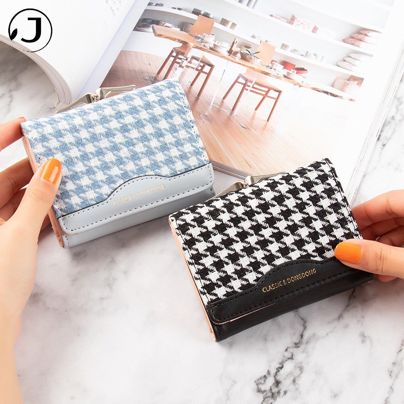 KAITIFEI Ví nữ bỏ túi Houndstooth nhiều ngăn canvas dáng ngắn gập cầm tay mini họa tiết kẻ sọc khóa cài đa năng