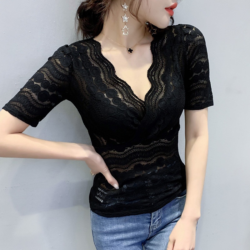 Áo thun nữ tay ngắn Cổ Chữ v Phối Ren Thiết Kế Mới Thời Trang Dành Cho Mùa Hè