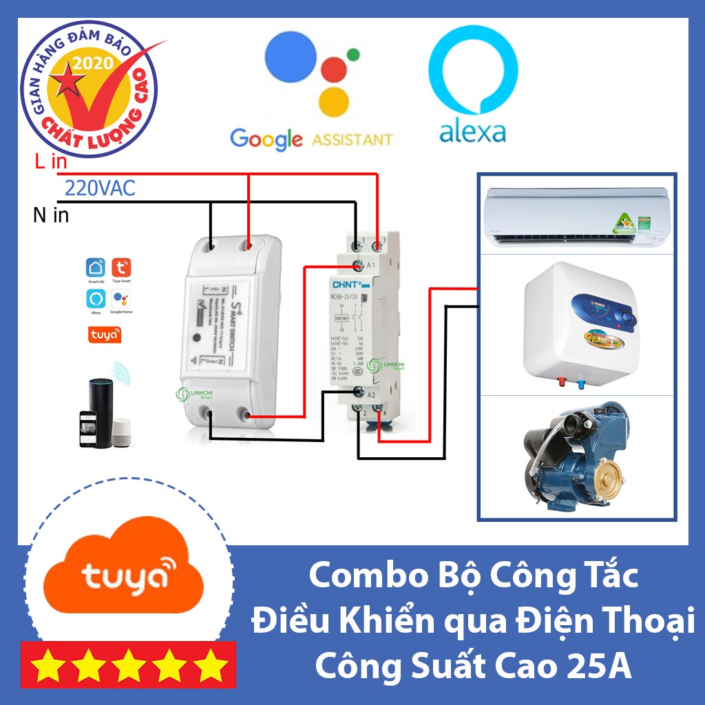 Bộ công tắc wifi công suất lớn 25A  1 công tắc smart life và 1 khởi động từ CHINT 25A, công tăc dieu khien tu xa