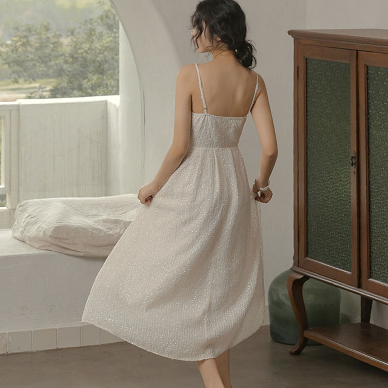 IELGY  Đầm Dài Hai Dây Màu Trắng Phong Cách Pháp Cổ Điển Thời Trang Cho Nữ