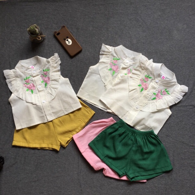 Set sơ mi bé gái hoa thêu