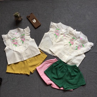Set sơ mi bé gái hoa thêu