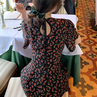 (ORDER) Váy hoa hồng nhí cổ hở giọt nước thắt nơ thon eo tiểu thư sang trọng vintage kiểu Pháp (HÀNG MỚI 2020)