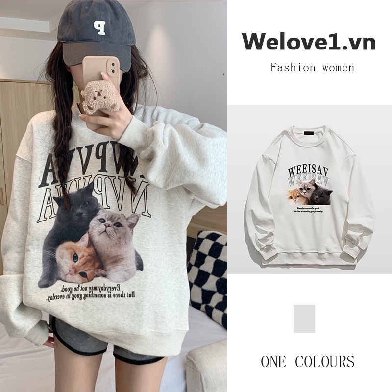 Áo Sweater Cổ Tròn Tay Dài Dáng Rộng In Họa Tiết Kiểu Retro Mỹ Xinh Xắn Cho Nữ