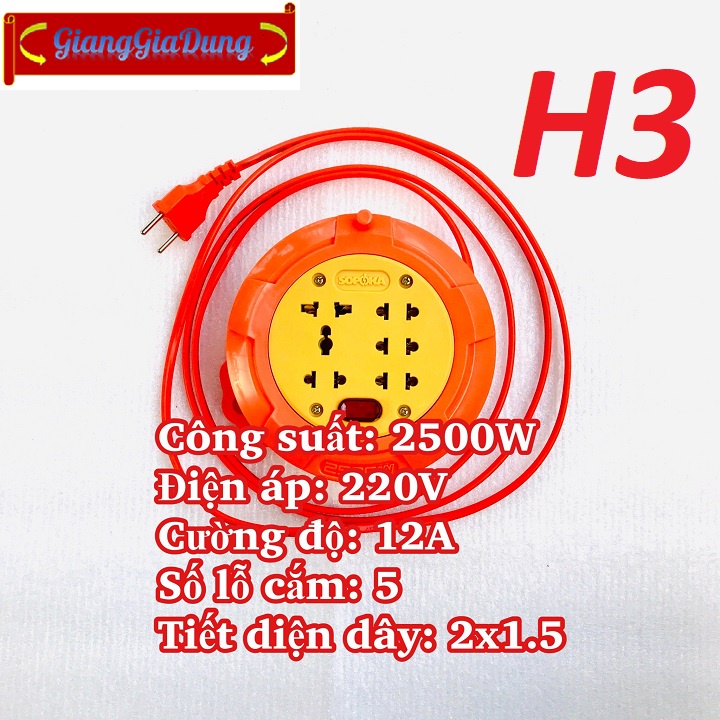 Ổ Cắm Điện Tròn Xoay Tay Lõi Sứ R95 SOPOKA, Dài 9.5 Mét, Chịu Tải Cao 2500W