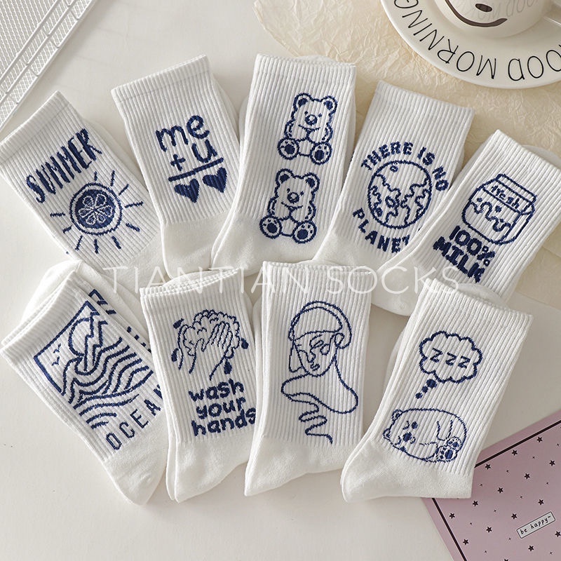 TIAN TIAN T063 Tất vớ nữ cotton cổ cao Sản phẩm cao cấp  Vớ cổ vừa in họa tiết Graffiti hoạt hình đơn giản phong cách Harajuku thời trang xuân thu cho nữ