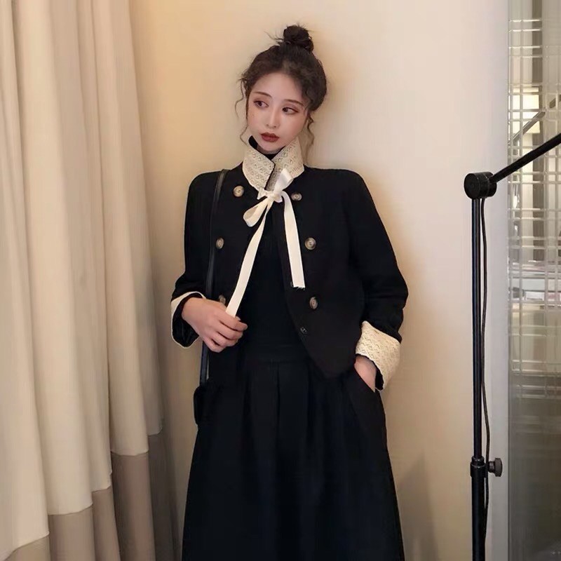 Set áo khoác dạ phối ren tweed tiểu thư + chân váy xoè Ulzzang