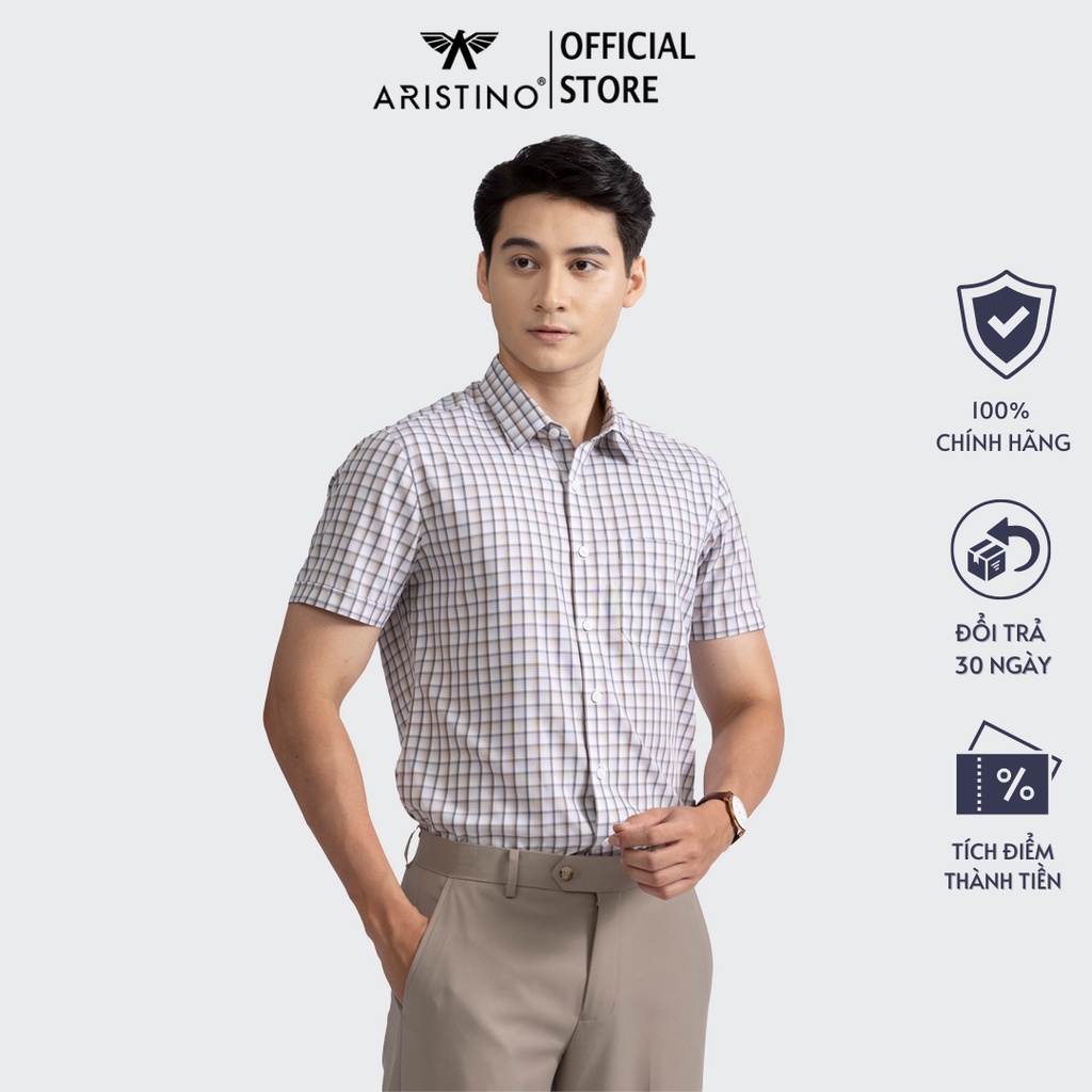 Áo sơ mi nam ngắn tay ARISTINO in trắng kẻ dobby nâu lịch lãm, thời thượng - ASS006S2