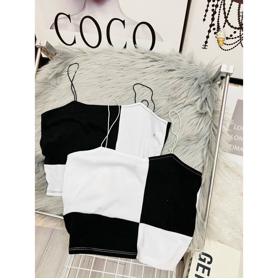 Áo kiểu nữ 2 dây bún phối màu đen trắng cá tính chất thun bozip