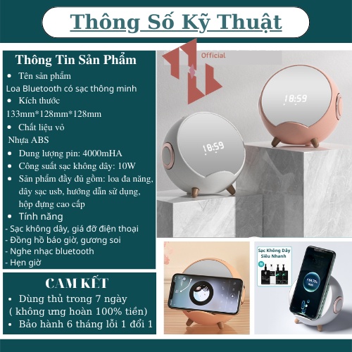 Loa bluetooth decor bàn thông minh kiêm Sạc không dây_Đồng hồ_Gương soi làm loa máy tính bass cực hay