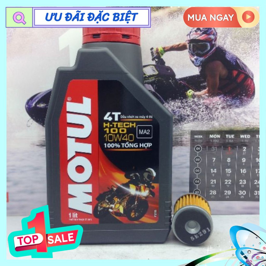 Nhớt 1L Motul H-tech MA2 (kèm lọc Ya) tổng hợp 100% cho xe máy số (Lọc Yamaha, Htech