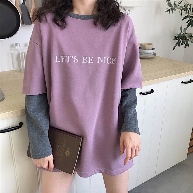 Áo Thun Tay Dài Giả Hai Lớp Dáng Rộng Phong Cách Hàn Quốc Thời Trang 2022 Cho Nữ