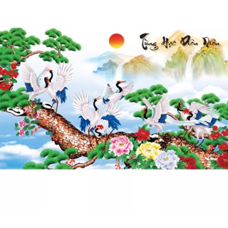 Tranh dán tường 3D phong thủy . Tùng Hạc Diên Niên ( 100x60cm)