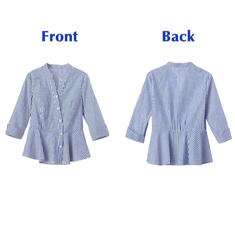 Áo Blouse nữ tay lửng xanh trắng sọc trắng xanh dương kiểu Hàn Quốc