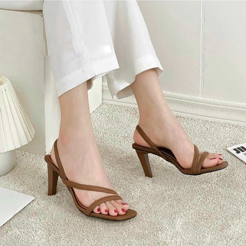 Sandal quai mảnh vát chéo gót mỏng thấp - 7P