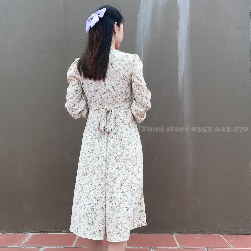 [hàng đẹp] Váy hoa nhí vintage dài tay cổ tròn màu trắng, váy suông hoa nhí chất voan lụa đẹp YUMI STORE | A434  ྇