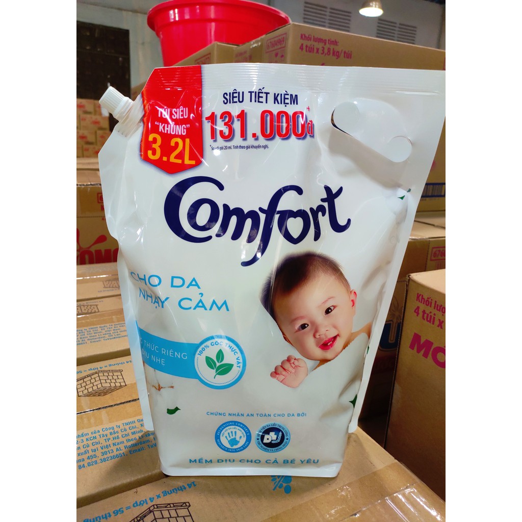 COMFORT NƯỚC XẢ VẢI TRẮNG ĐẬM ĐẶC DÀNH CHO DA NHẠY CẢM EM BÉ LÀM MỀM VẢI DẠNG TÚI 3.2L 3.2 lít 3,2l LỚN TO TIẾT KIỆM