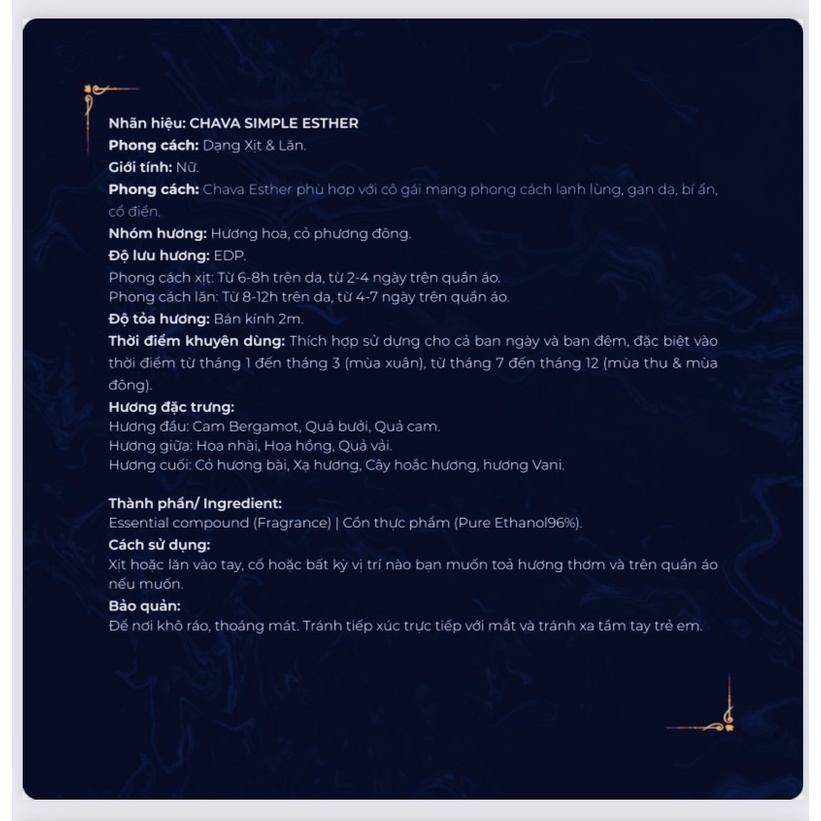 Nước Hoa Nữ - Nước Hoa CHAVA ESTHER 50ml Chính Hãng - Theo Tiêu Chuẩn Pháp